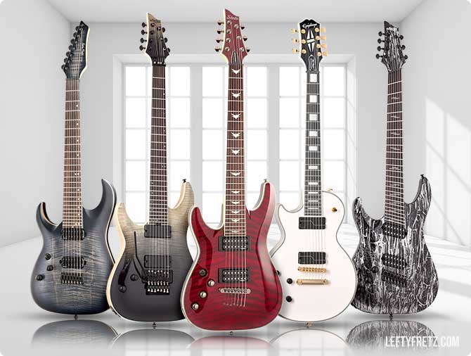 A selection of 7-string left handed guitars