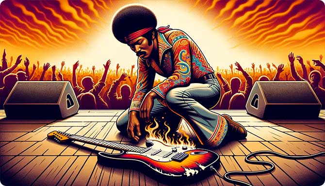 Jimi Hendrix Burning Guitar at Monterey