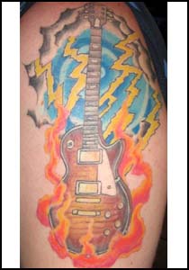 Gibosn Les Paul Guitar Tattoo in Fire and Lightning